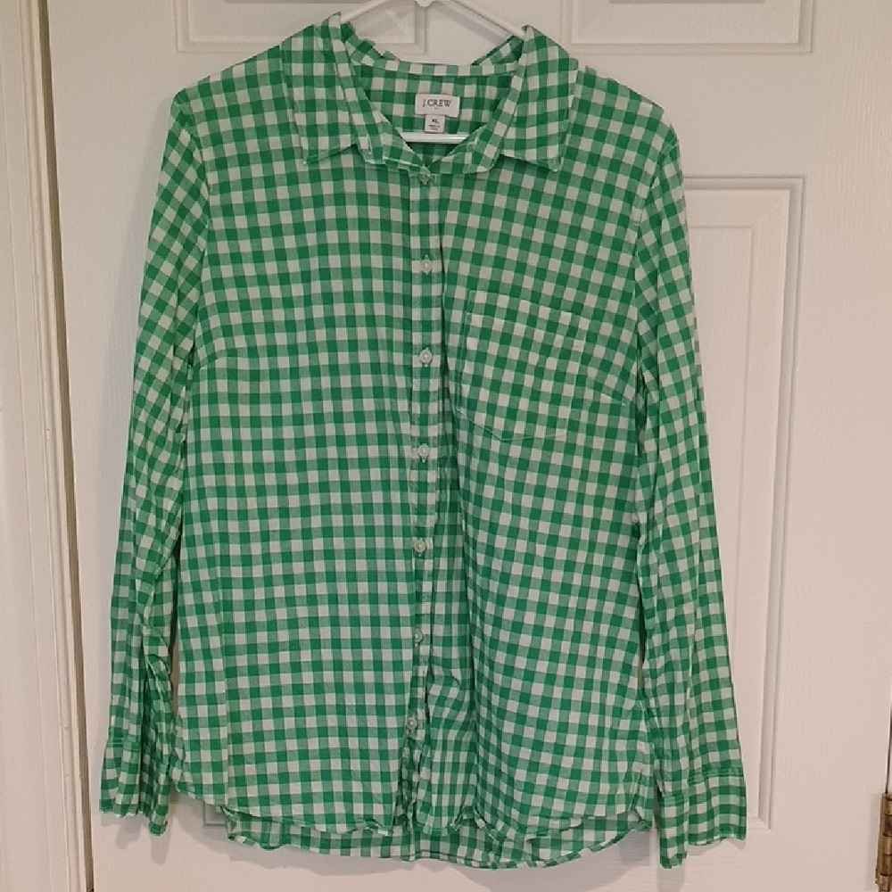 J. Crew Green and White Gingham Button-Up Shirt